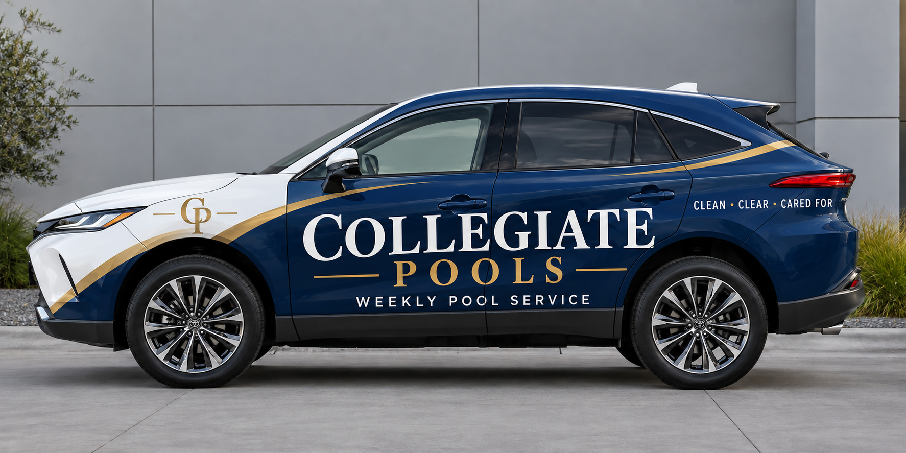 Same SUV wrapped with a branded pool service campaign